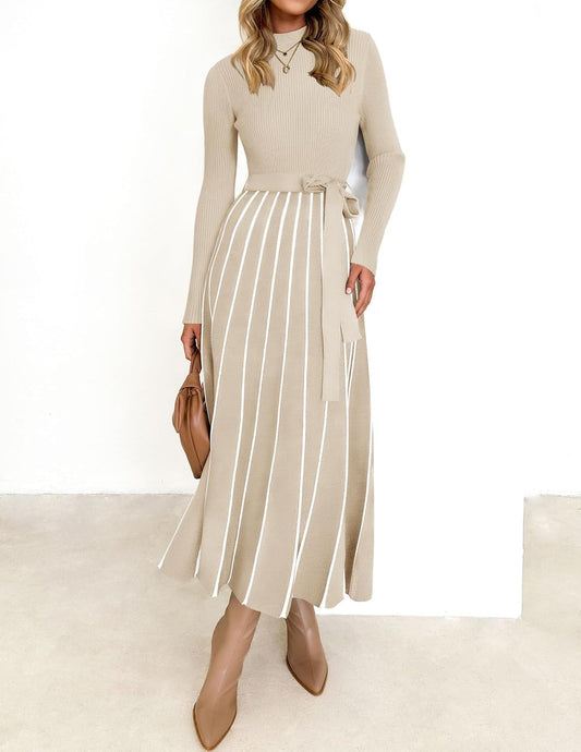 Womens 2025 Fall Turtleneck Long Sleeve Sweater Dress Tie Waist Casual Loose Ribbed Knit a Line Midi Dresses