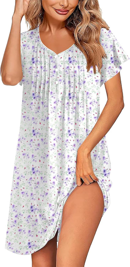 Women'S Nightgown Flare Short Sleeve Sleep Shirt Pleated Nightshirts Soft Pajama Dress with Pockets S-XXXL
