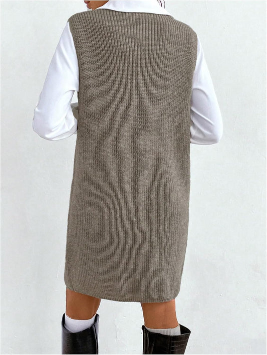 Women'S Casual Sweater Dress V Neck Sleeveless Knit Short Sweater Dresses with Pocket