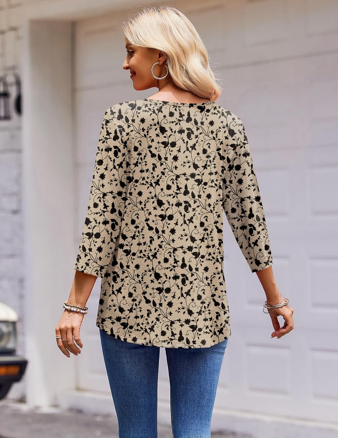 3/4 Length Sleeve Womens Tops round Neck Casual Summer Tunic Tops Basic Tees Blouses Dressy T-Shirts Pleated Shirts