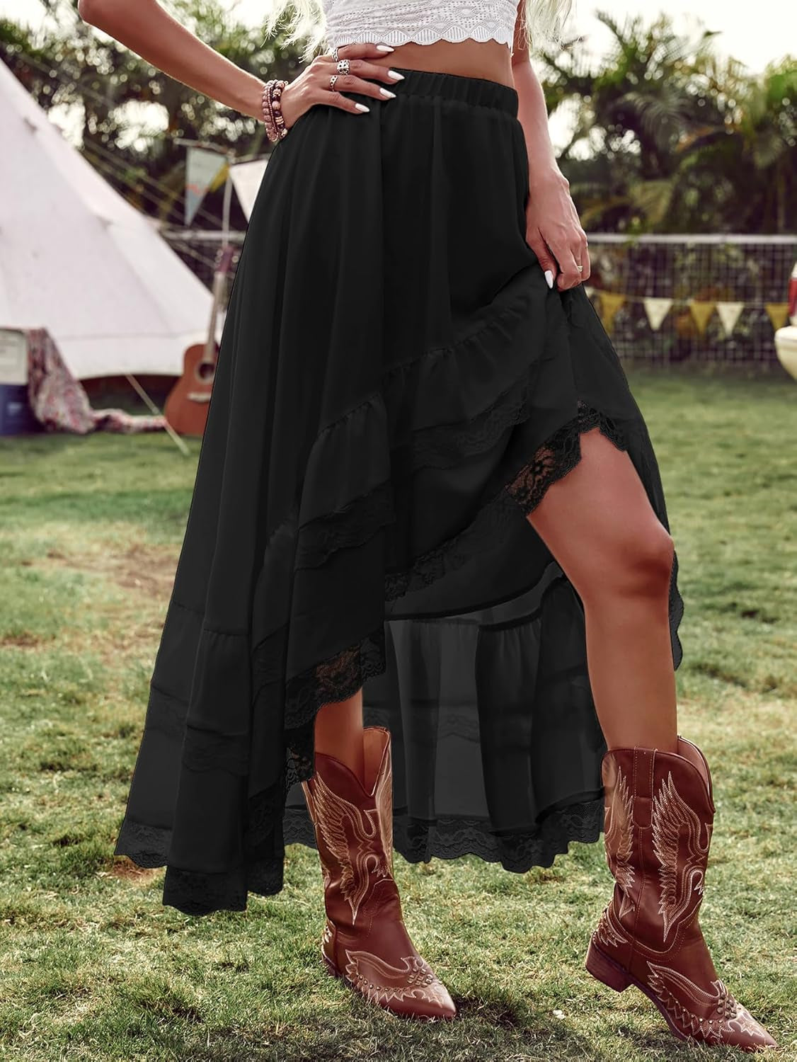 Women'S Western Boho Lace Ruffle Skirt Asymmetrical Country Cowgirl Skirts