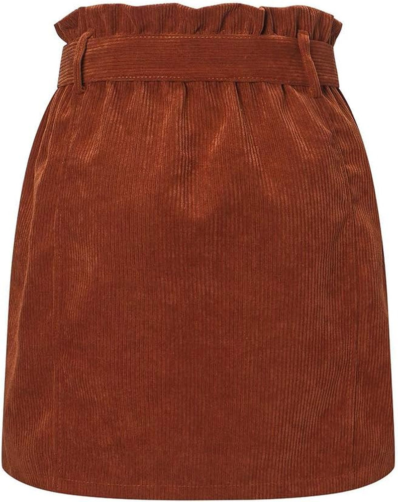 Women Paperbag High Waist Elastic Belted Corduroy Button Front with Pockets Short Mini Skirt