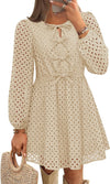 Women'S Long Sleeve Mini Dress 2025 Fall Crewneck Tie Front Hollow Out Eyelet Babydoll a Line Short Dresses