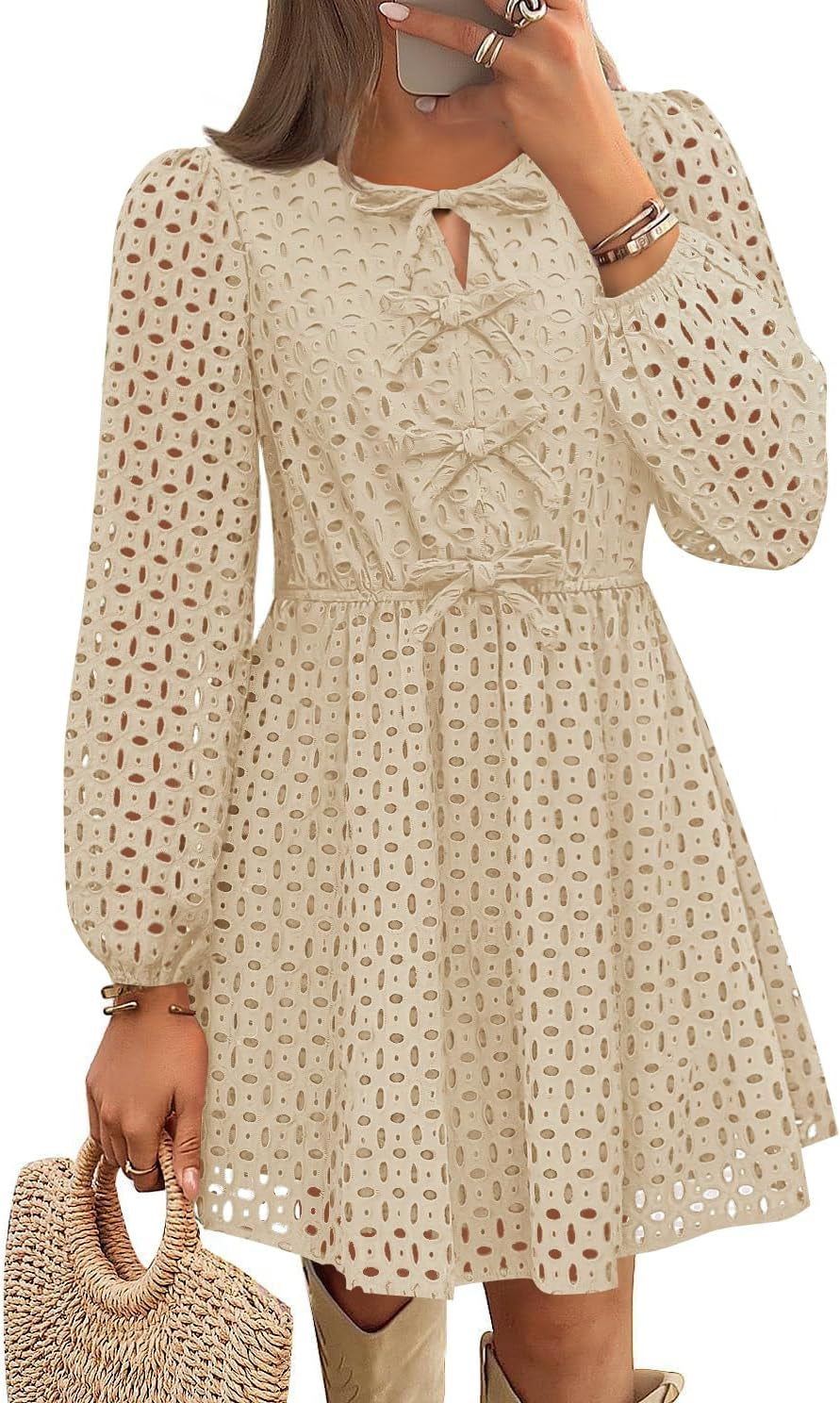 Women'S Long Sleeve Mini Dress 2025 Fall Crewneck Tie Front Hollow Out Eyelet Babydoll a Line Short Dresses