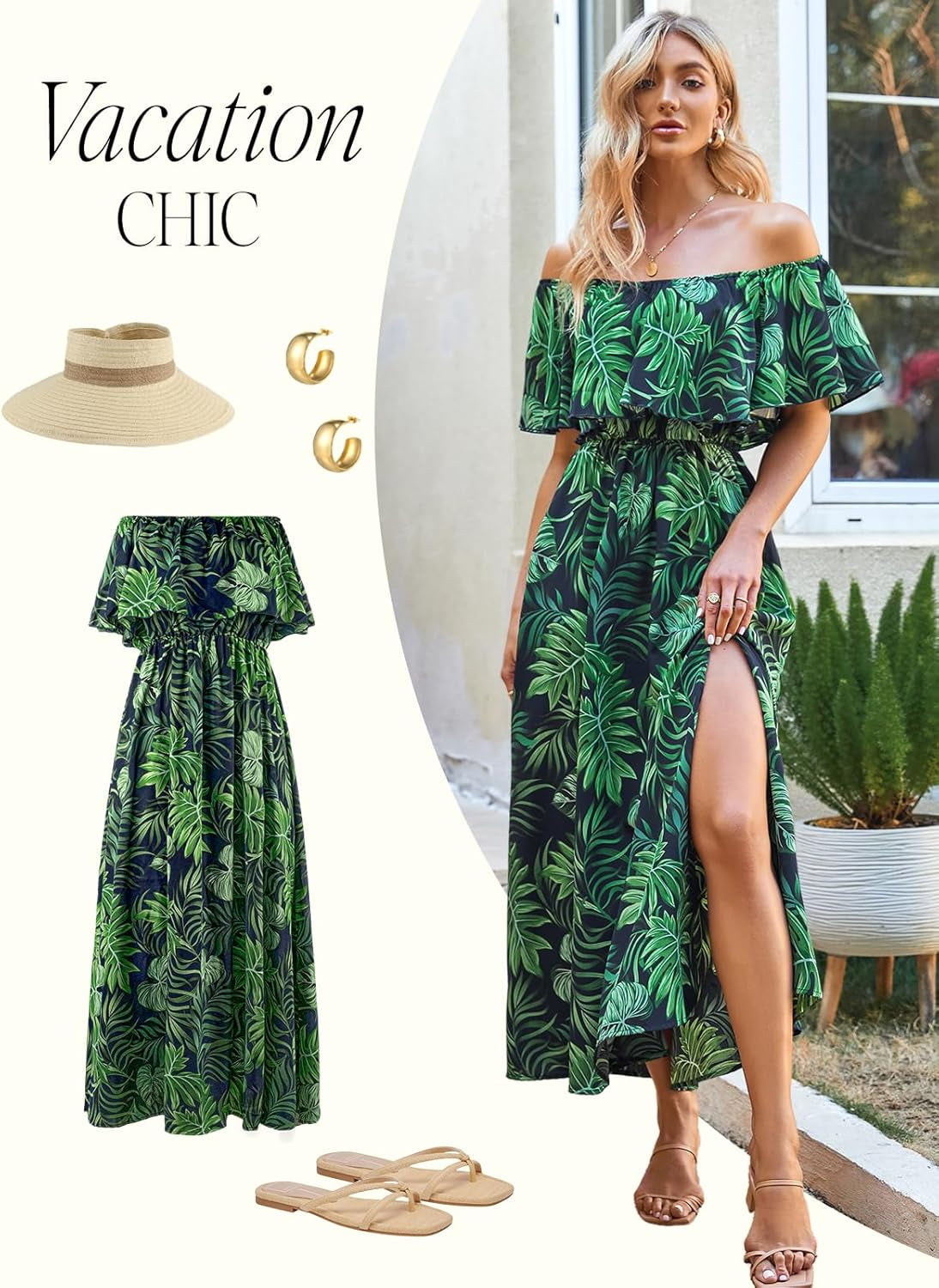 Women Ruffle Floral Maxi Summer Dress off Shoulder Short Sleeve Backless Flounce Bodice Slit Hem Beach Dresses