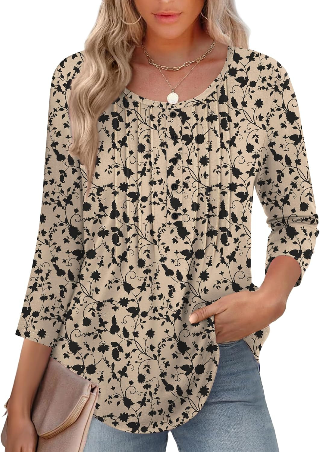 3/4 Length Sleeve Womens Tops round Neck Casual Summer Tunic Tops Basic Tees Blouses Dressy T-Shirts Pleated Shirts