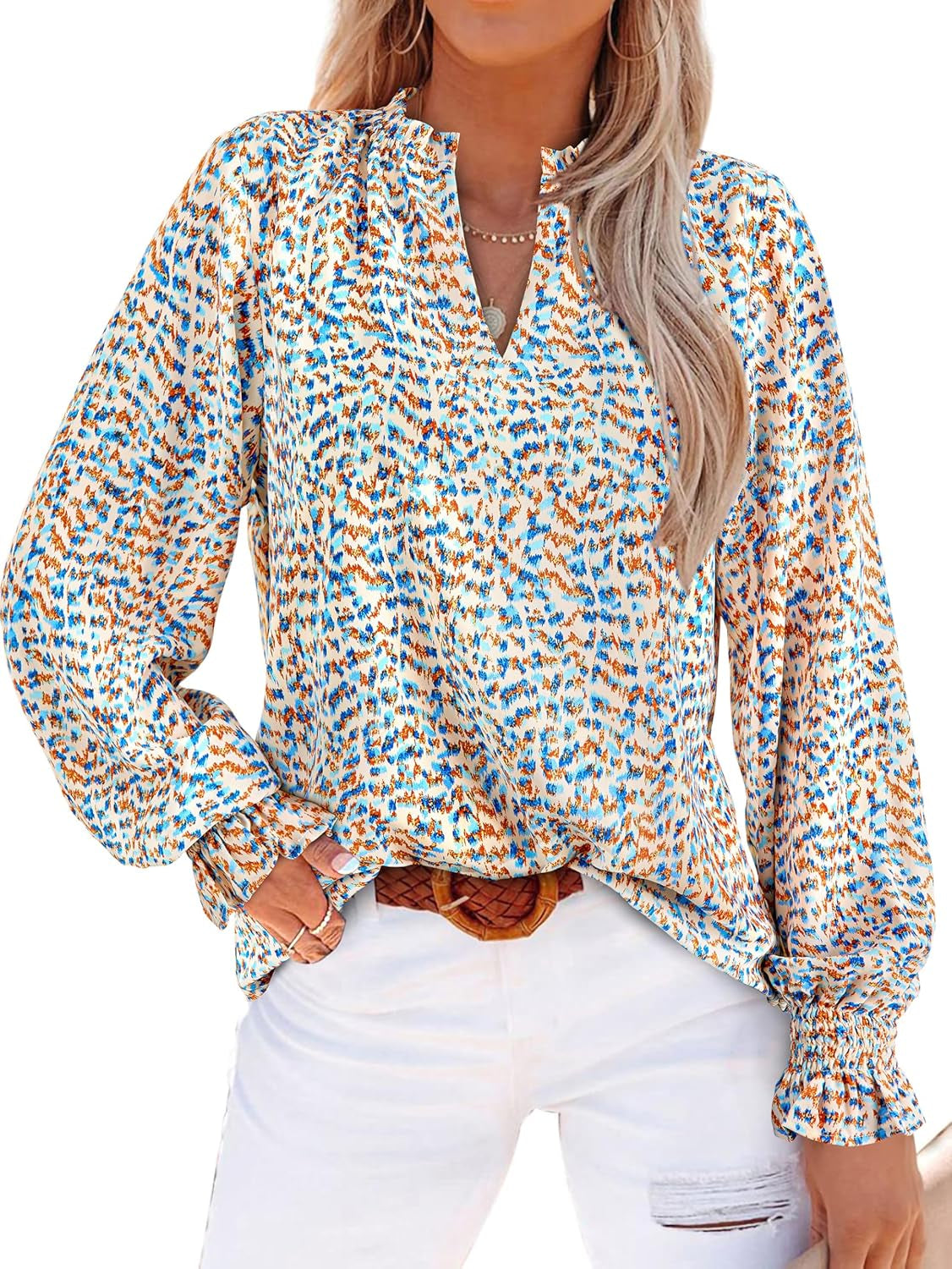 Womens V Neck Floral Long Sleeve Tops 2025 Summer Casual Loose Puff Sleeve Chiffon Boho Work Blouse Dressy T Shirts