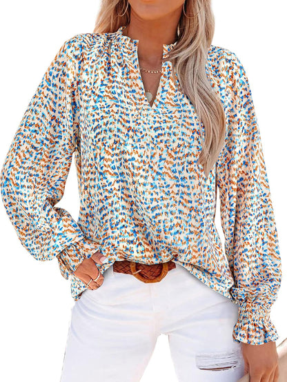 Womens V Neck Floral Long Sleeve Tops 2025 Summer Casual Loose Puff Sleeve Chiffon Boho Work Blouse Dressy T Shirts