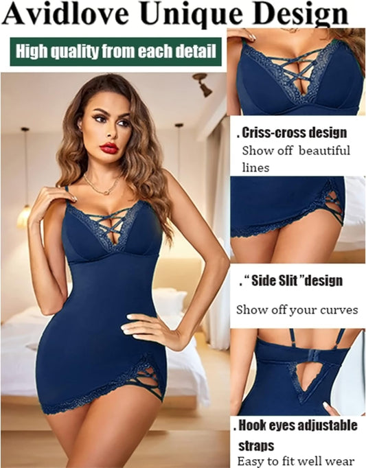 Women Sexy Nightgown Lace Babydoll Chemises V-Neck Modal Sleepwear Full Slip Side Slit Sleep Dress XS-XXL