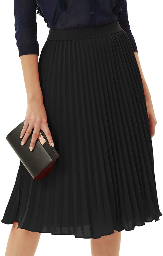 Women High Elastic Waist Pleated Chiffon Skirt Midi Swing A-Line Skirts