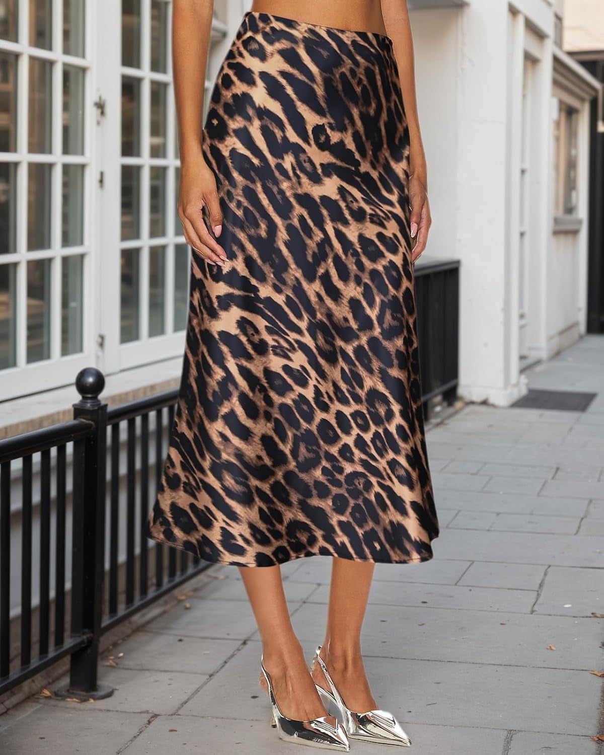 Women'S Silk Satin Midi Skirt Elastic High Waisted A-Line Cheetah Print Leopard Long Skirts for Women Trendy