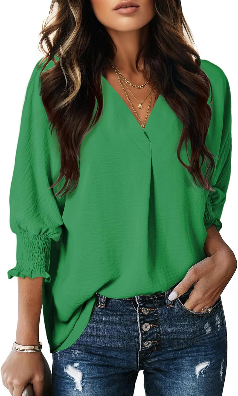 Women Blouses Dressy Casual V Neck 3/4 Length Sleeve Womens Tops with Smocked Cuffs