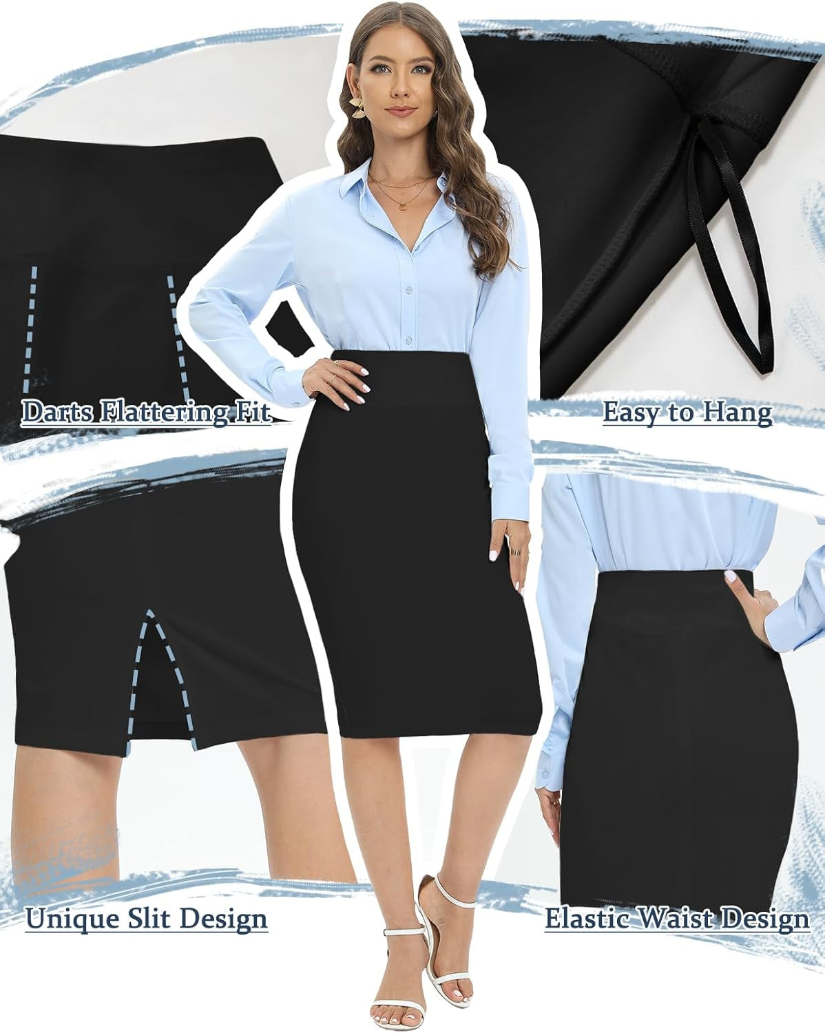 Women'S Office Work Pencil Skirt Stretch High Waist below Knee Bodycon for Business Casual