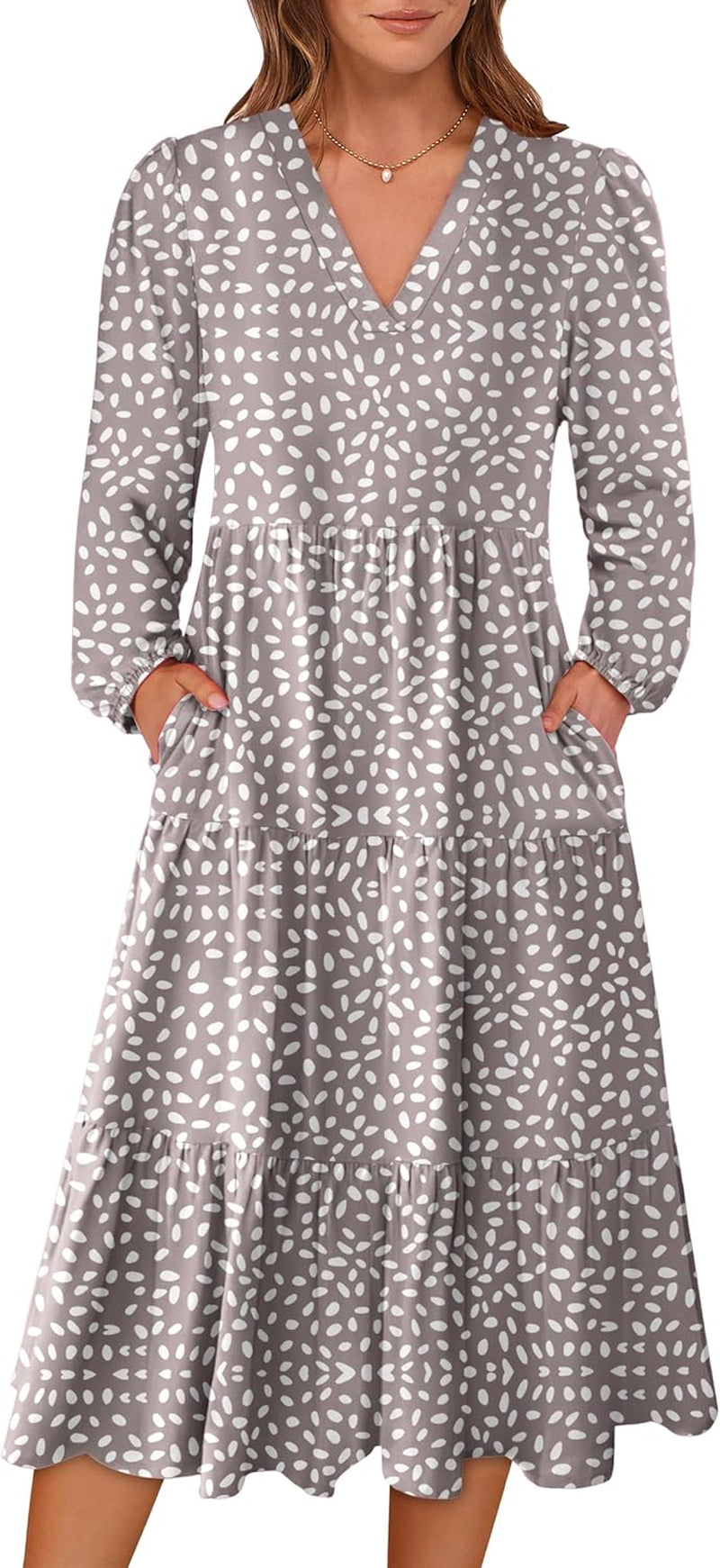 Women'S Long Lantern Sleeve Floral Midi Dresses 2025 Fall V Neck Casual Flowy A-Line Tiered Boho Vacation Long Dress