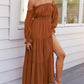 Women'S 2025 Boho Sexy off Shoulder Long Sleeve Smocked High Waist Side Split Flowy a Line Tiered Long Maxi Dress