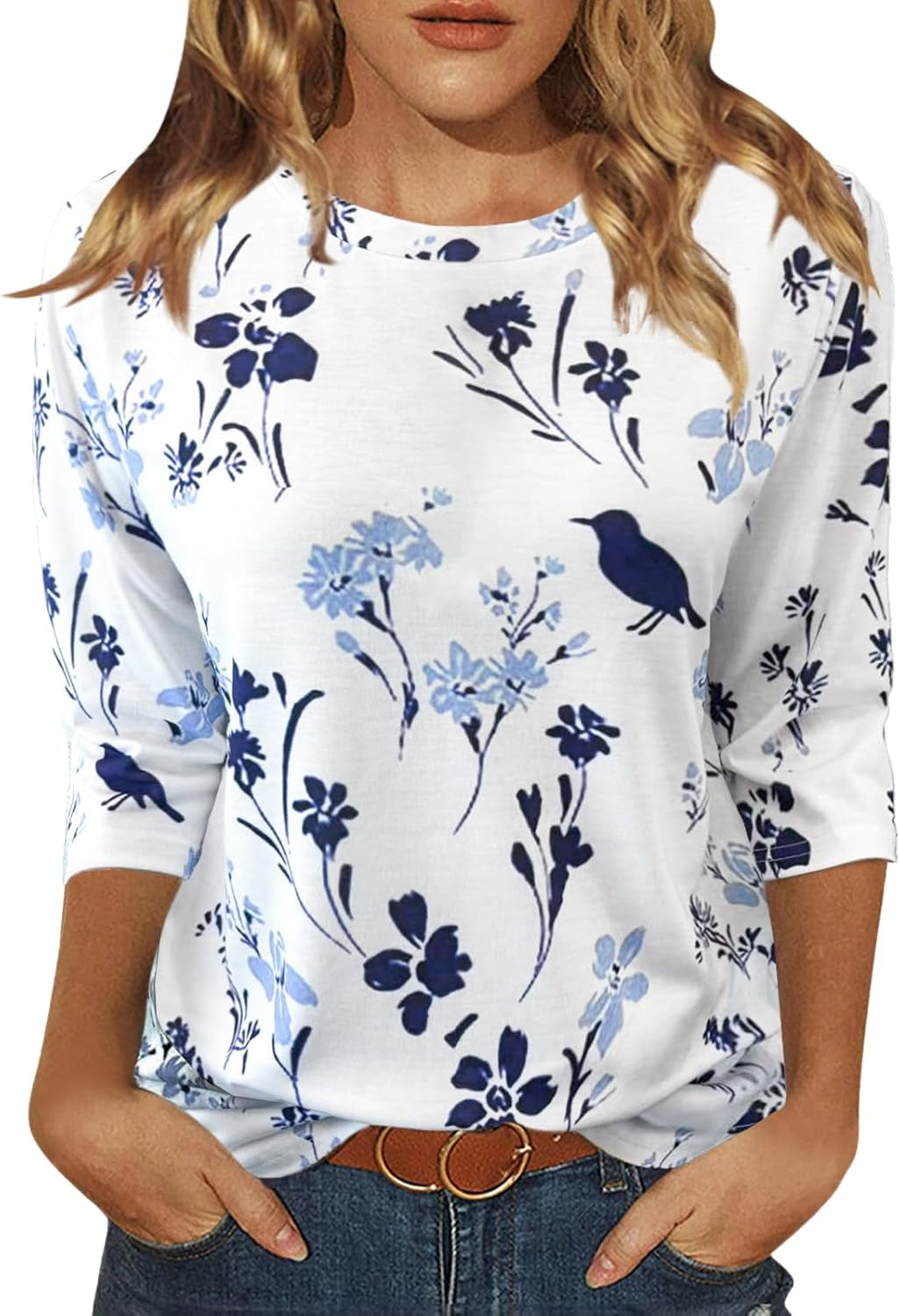 Womens Tops 3/4 Sleeve Shirts round Neck Loose Casual Blouses Floral Print Tshirts