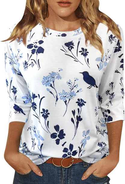 Womens Tops 3/4 Sleeve Shirts round Neck Loose Casual Blouses Floral Print Tshirts