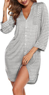 Women'S Nightgown V Neck Striped Button down Sleepwear 3/4 Sleeves Nightshirts Soft Button Sleep Dress S-XXL