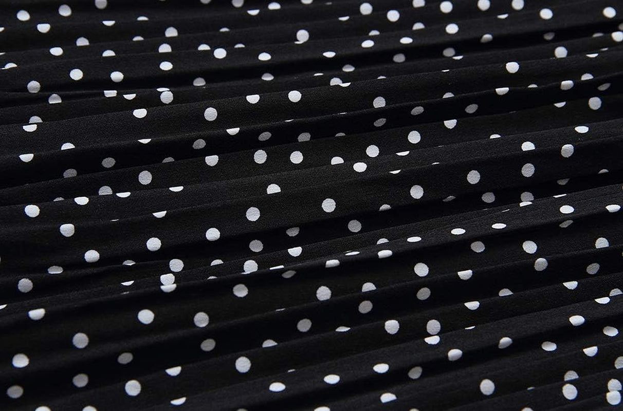 Womens High Waist Polka Dot Pleated Maxi Skirt Midi Swing Skirt Beach Vacation Cruise Outfits with Pockets