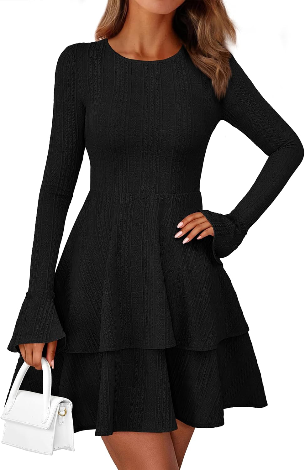 Womens Fall Fashion 2025 Long Bell Sleeve Mini Sweater Dress Casual Crewneck a Line Knit Short Cocktail Dresses
