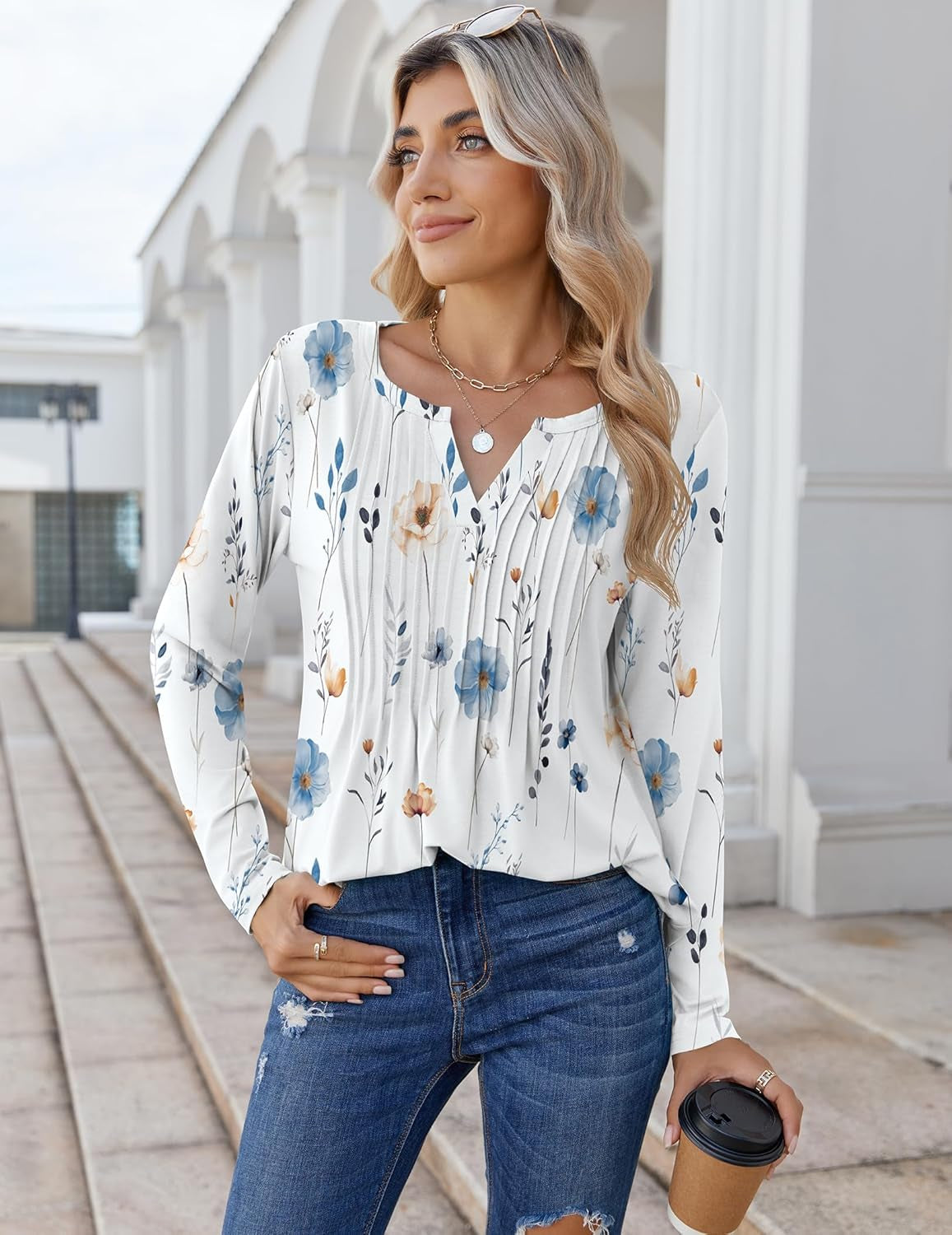 Womens Long Sleeve Tops 2025 V Neck Pleated Shirts Dressy Casual Tunic Blouses Loose Fit Fall Fashion Clothes