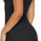 Women'S Sexy Bodycon Boat Neck Mini Dresses Sleeveless Ruched Ruffle Hem Club Party Short Dress