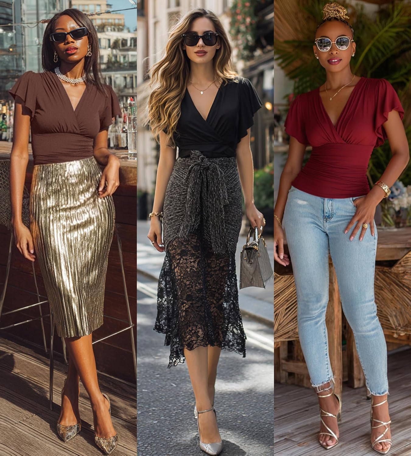 2025 Womens Tops Summer Wrap Blouse V Neck Ruffle Sleeve Dressy Casual Top Ruched Trendy Clothes