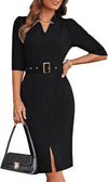 Women'S Work Dress 3/4 Sleeve V Neck Bodycon Sheath Dress Zipper up Office Business Dresses with Belt