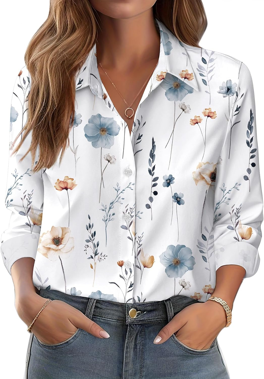 Button down Shirts for Women Dressy Floral Printed Long Sleeve Blouse Business Casual Work Tops