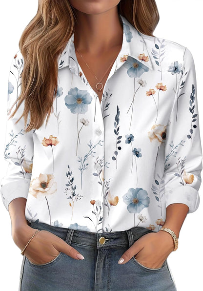 Button down Shirts for Women Dressy Floral Printed Long Sleeve Blouse Business Casual Work Tops