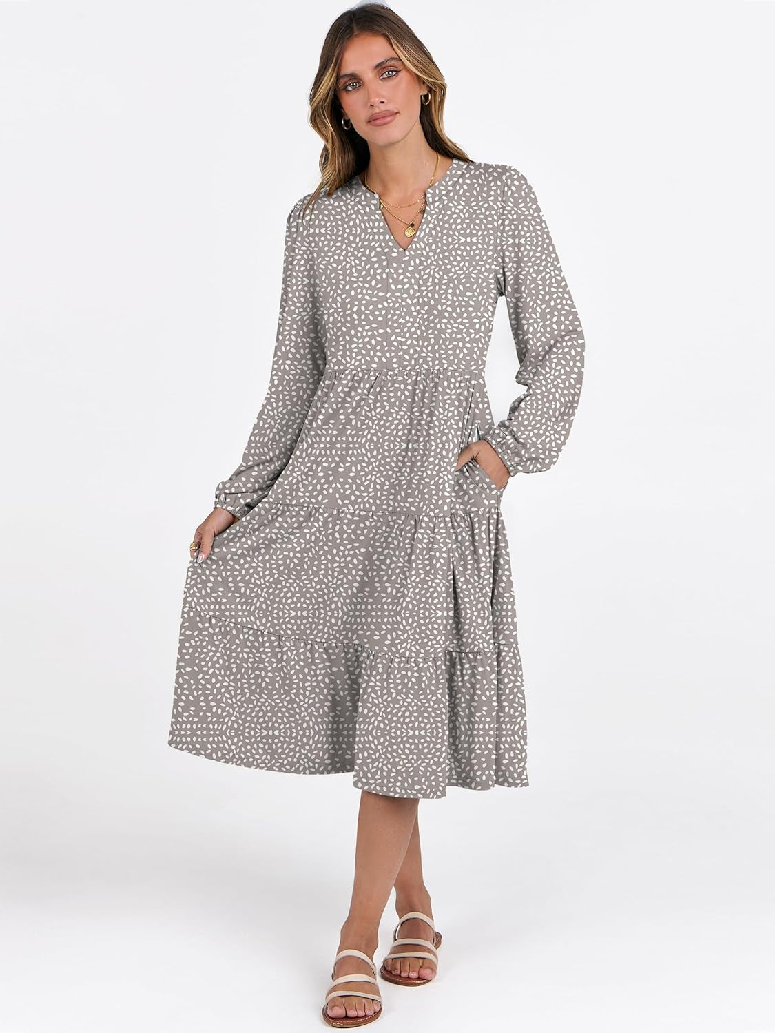 Long Sleeve Midi Dresses for Women V Neck 2025 Fall Fashion Casual Loose Fit Flowy Swing Tiered Vacation Boho Dress