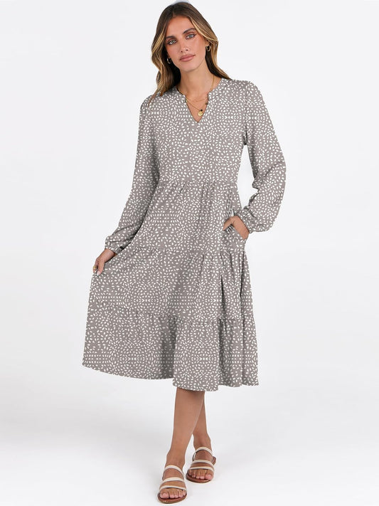 Long Sleeve Midi Dresses for Women V Neck 2025 Fall Fashion Casual Loose Fit Flowy Swing Tiered Vacation Boho Dress