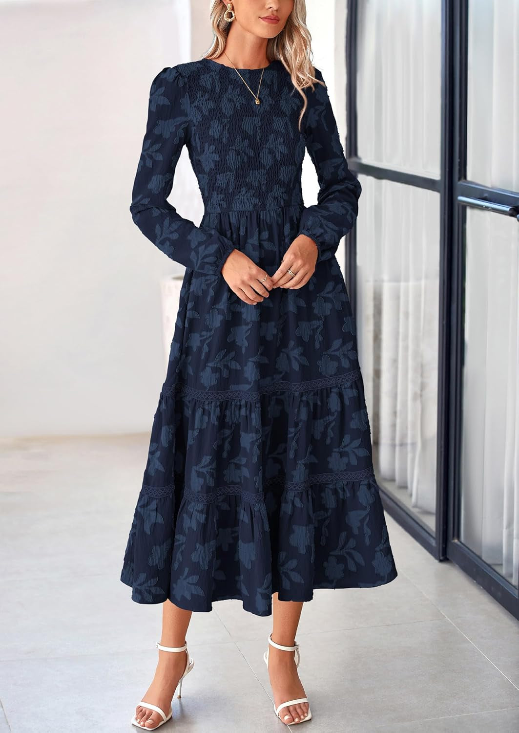 Long Sleeve Dress for Women 2025 Fall Elegant Modest Floral Boho Smocked Flowy Wedding Guest Midi Dresses
