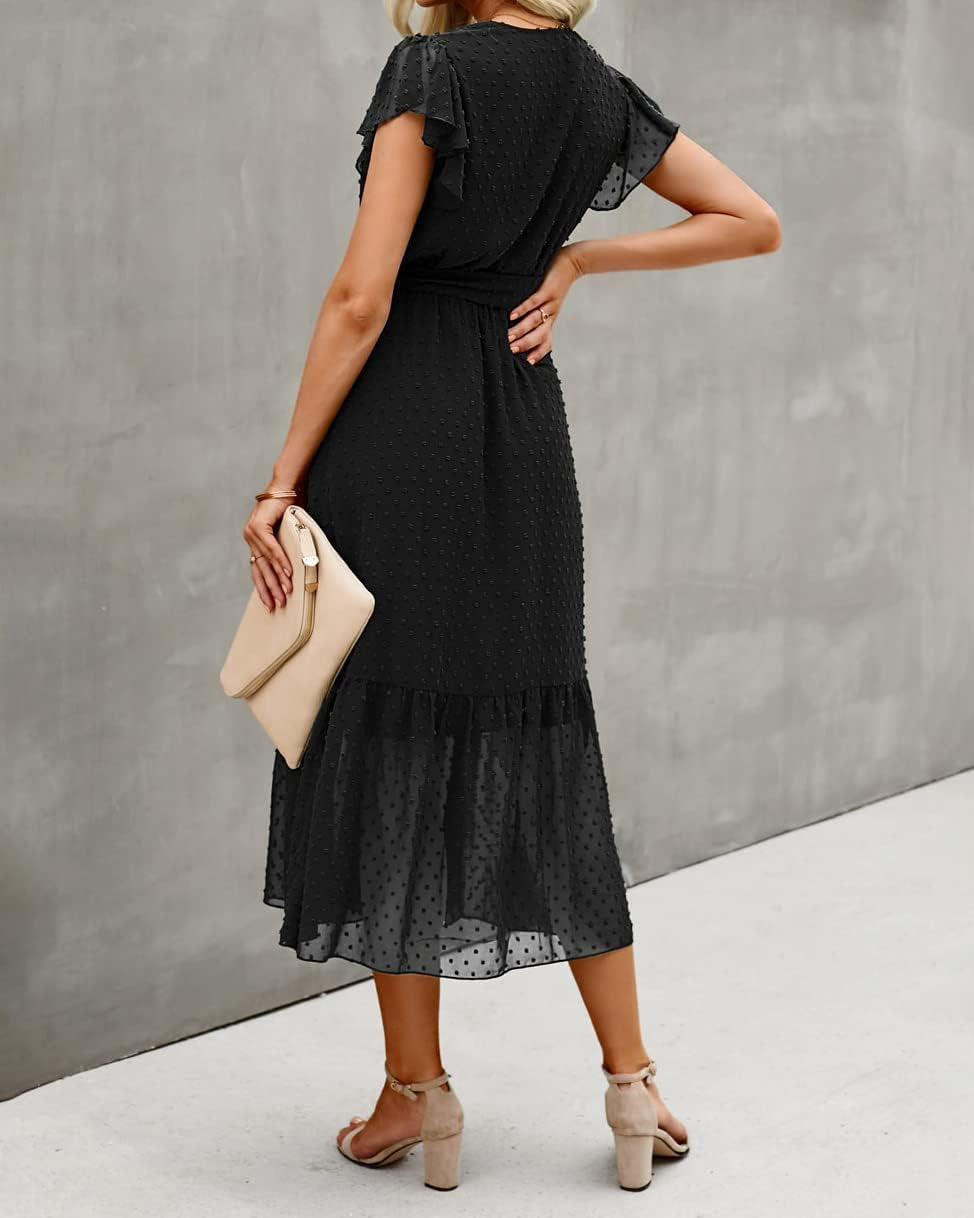 Women Summer Bohemian Floral Casual Wrap V Neck Ruffle Cap Sleeveless Belt A-Line Pleated Hem Midi Sun Dress White