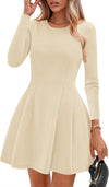 Long Sleeve Mini Dress for Women 2025 Fall Crewneck Knit Pleated Babydoll a Line Soft Casual Short Party Dresses