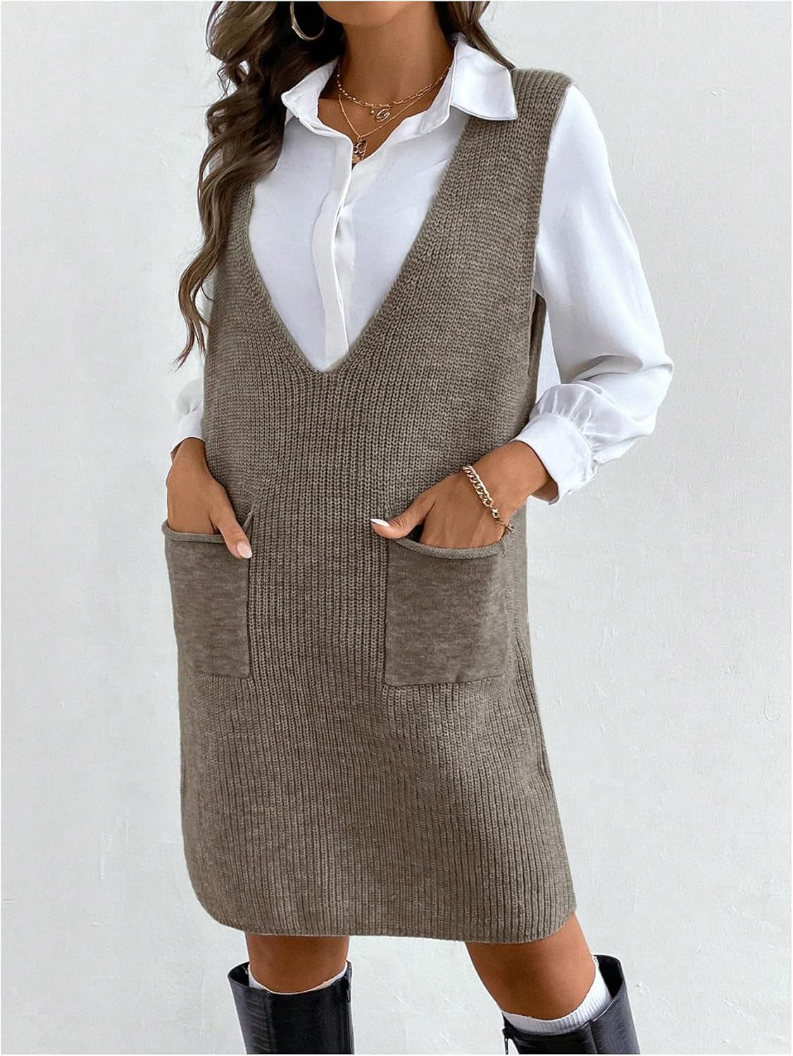 Women'S Casual Sweater Dress V Neck Sleeveless Knit Short Sweater Dresses with Pocket