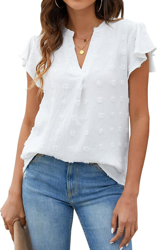 Womens White Blouse V Neck Ruffle Sleeve Flowy Shirts Dressy Casual Cute Summer Tops