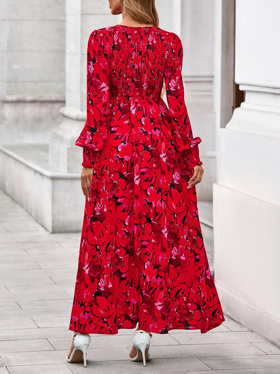 Women Fall Wedding Guest Maxi Dresses 2025 Floral V Neck Long Sleeve Boho Long Dress Vacation