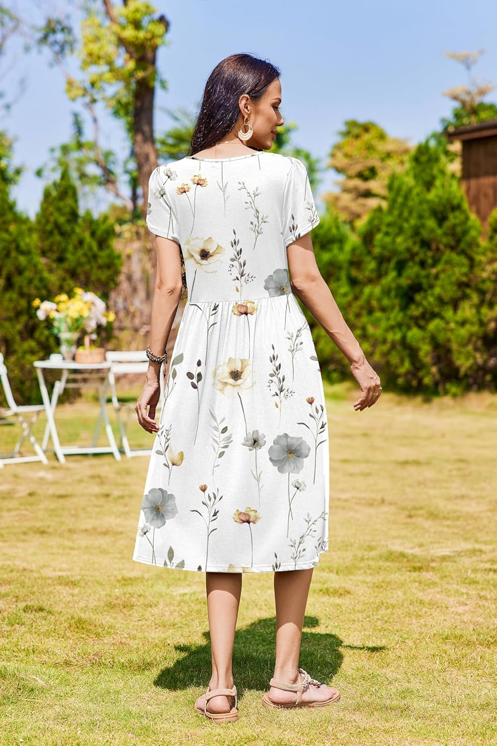 Women Summer Short Sleeve Midi Dress with Pockets Casual Aline Flowy Tshirt Dress Floral Vocation Beach Sundress