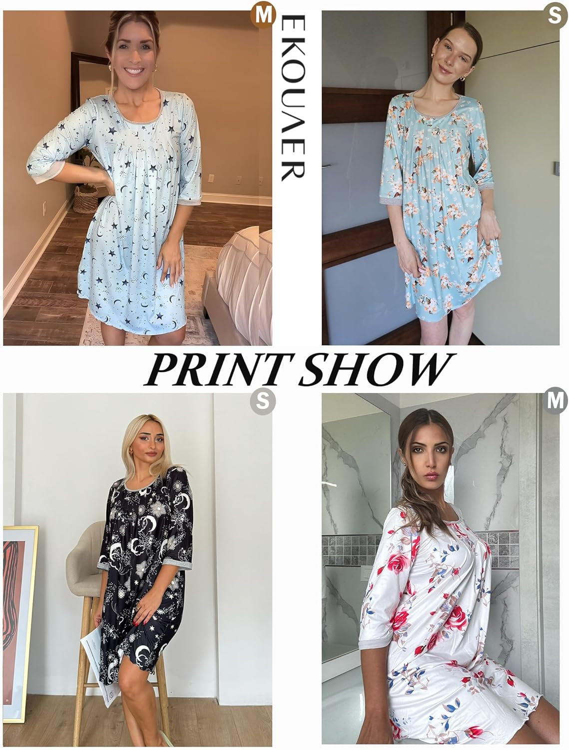 Women'S Pleated Nightgown Soft Sleep Shirt 3/4 Sleeve Pajama Dress Scoopneck Sleep Tee Nightshirt Sleepwear S-3XL