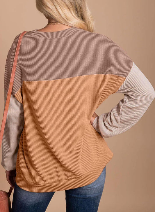 Womens Tops Fashion 2025 Color Block Long Sleeve Shirts Crewneck Knitted Casual Loose Pullover Blouses