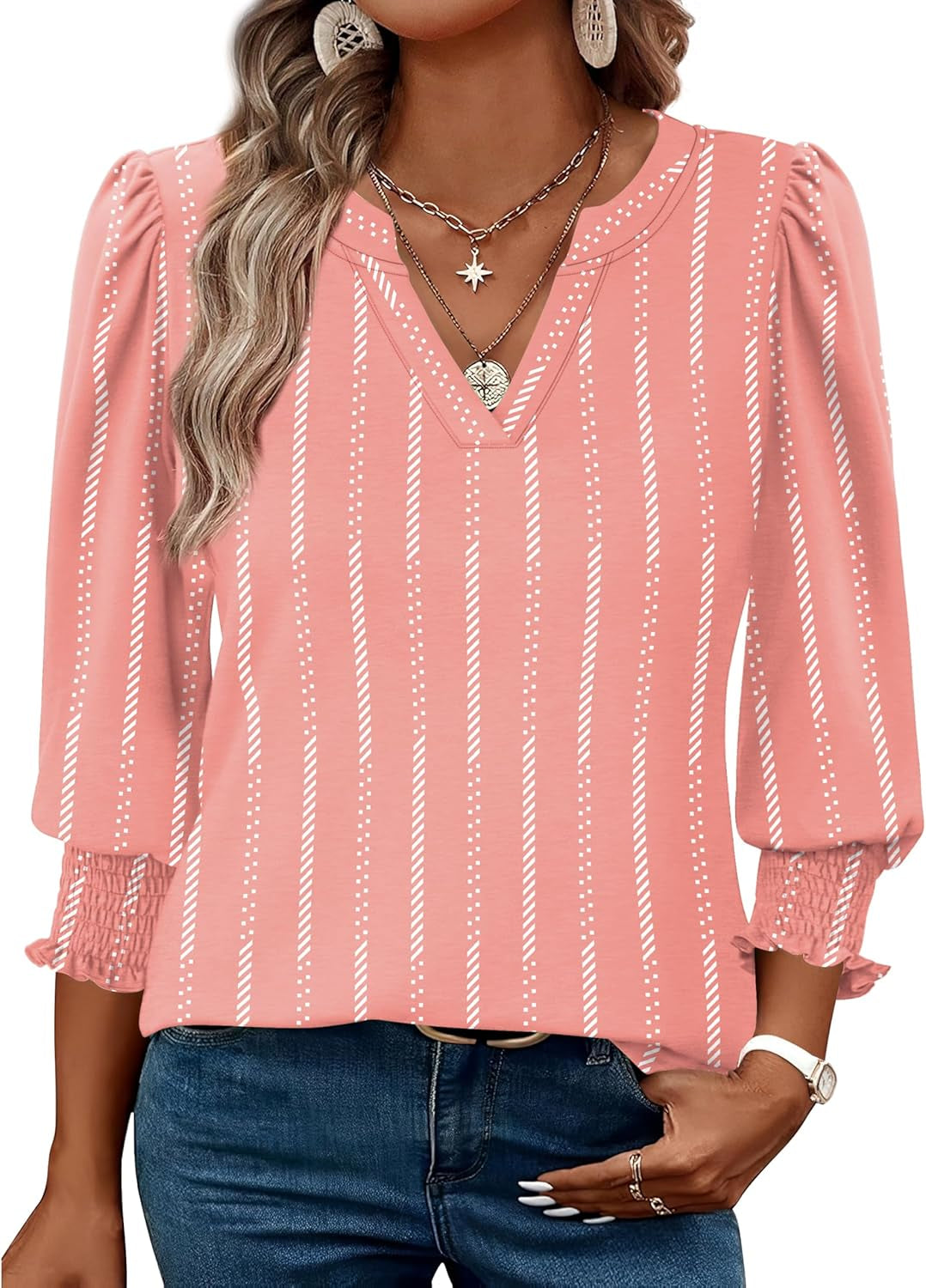 Blouses for Women Dressy Casual 3/4 Length Sleeve Womens Tops V Neck T Shirts with Smocked Cuffs