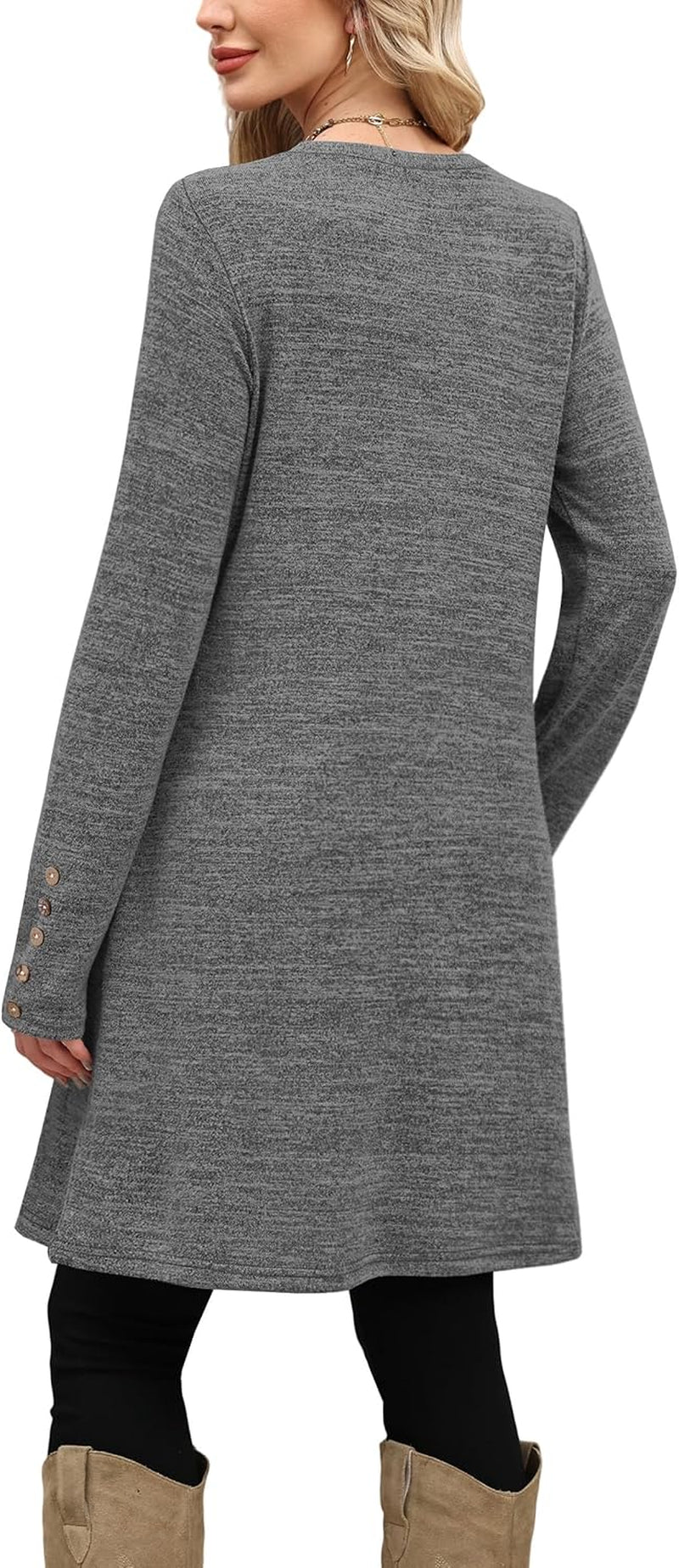 Long Sleeve Dress for Women Crew Neck Tunic Dress with Pockets Decorative Buttons