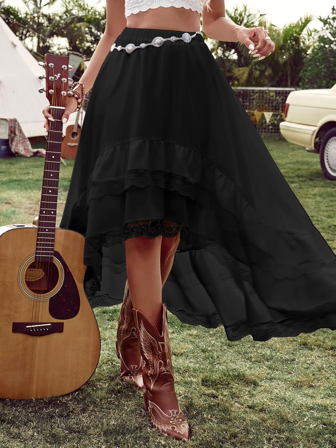 Women'S Western Boho Lace Ruffle Skirt Asymmetrical Country Cowgirl Skirts
