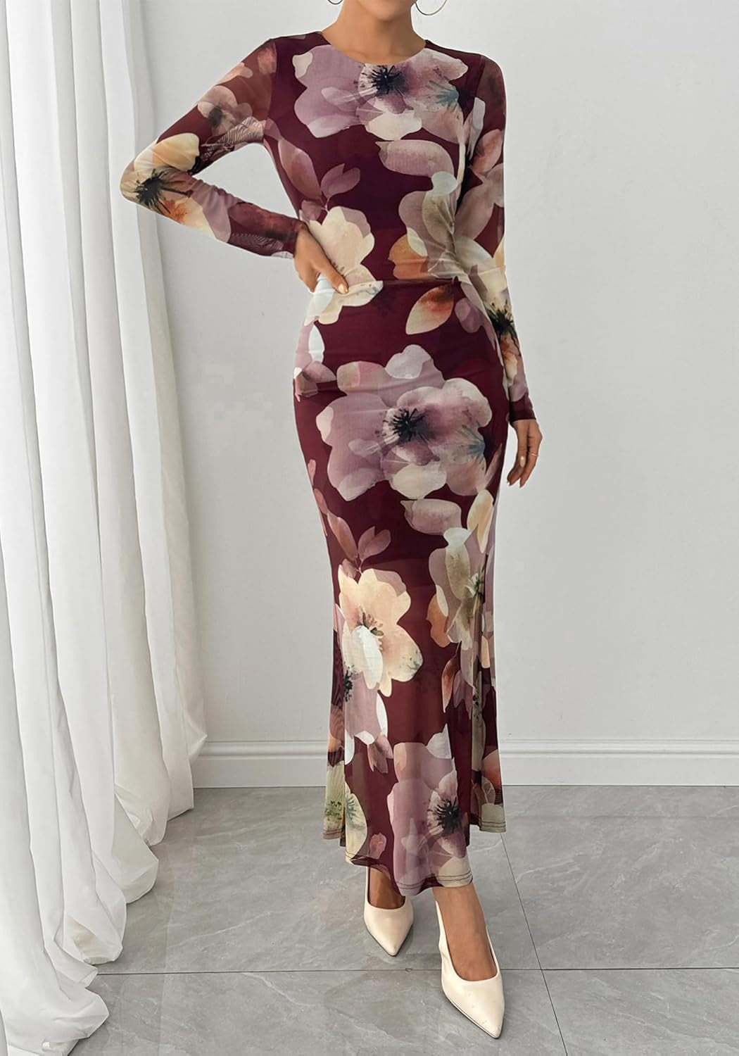 Wedding Guest Dresses for Women Fall Fashion 2025 Bodycon Long Sleeve Boho Mesh Party Cocktail Floral Maxi Dress