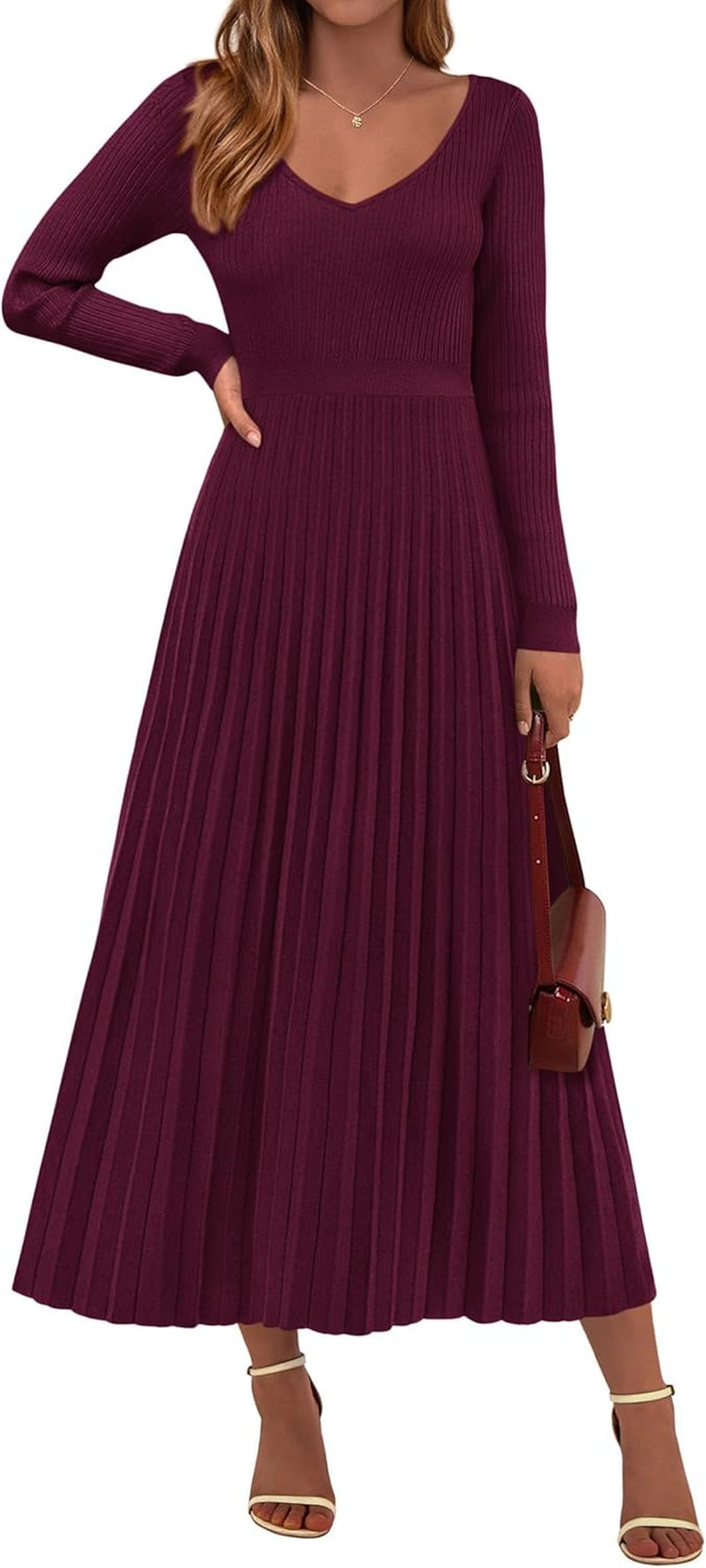 Women Sweater Dress Fall Fashion 2025 Long Sleeve V Neck Ribbed Knit Pleated a Line Elegant Maxi Winter Dresses