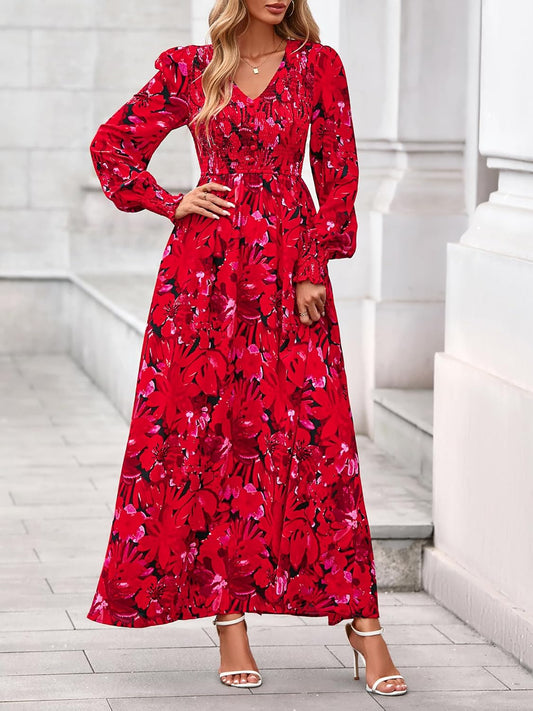 Women Fall Wedding Guest Maxi Dresses 2025 Floral V Neck Long Sleeve Boho Long Dress Vacation