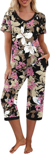 Women'S Pajama Set Short Sleeve Shirt and Capri Pants Sleepwear Pjs Sets with Pockets