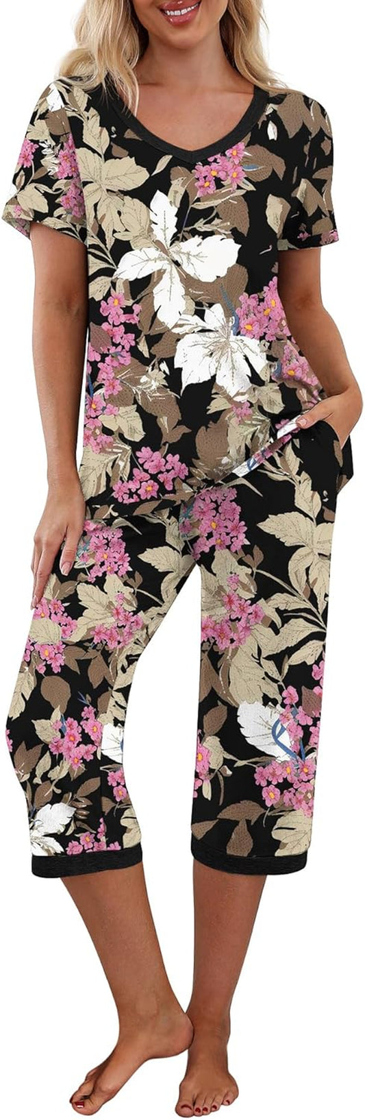 Women'S Pajama Set Short Sleeve Shirt and Capri Pants Sleepwear Pjs Sets with Pockets