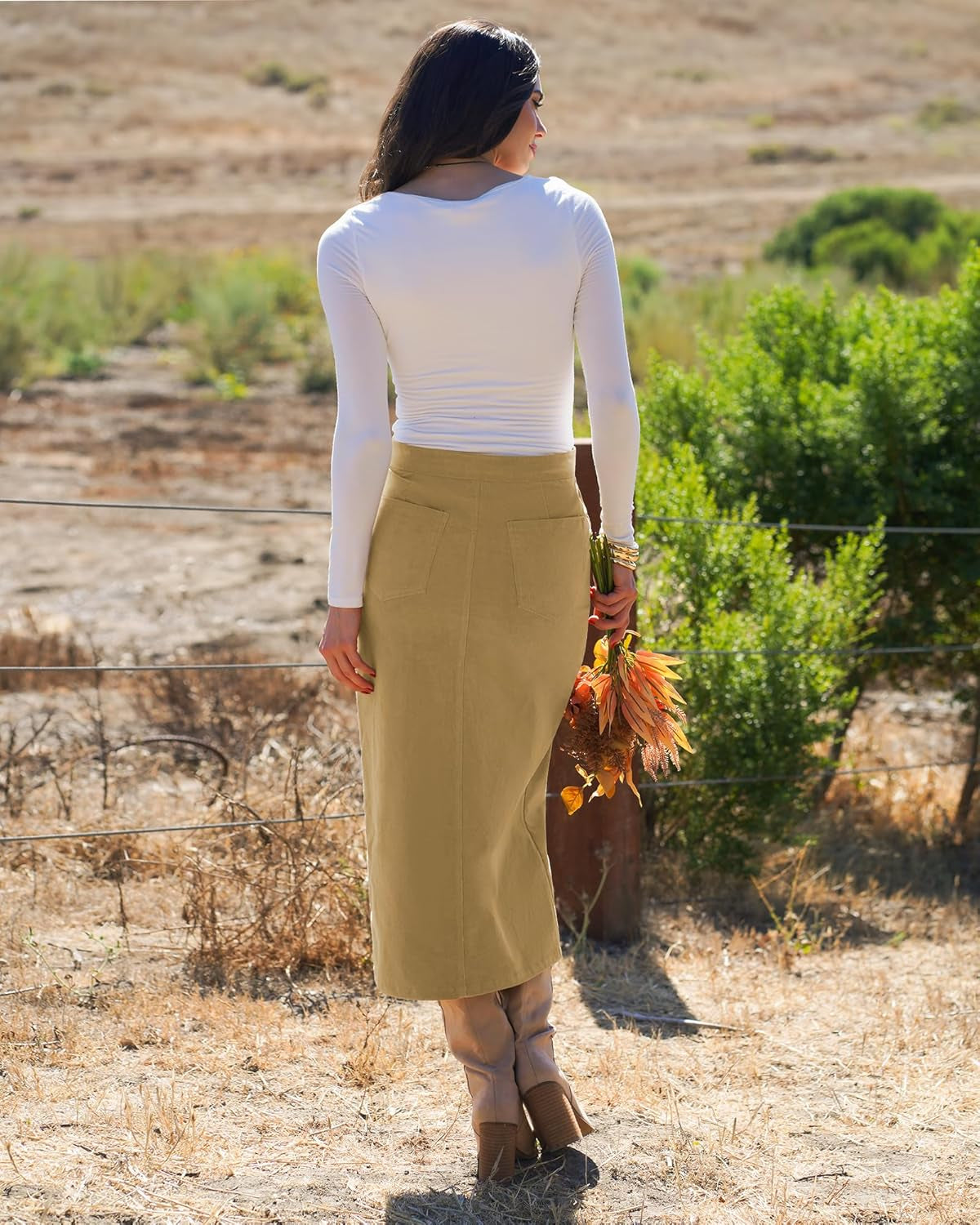 Corduroy Skirts for Women Midi Length High Waisted Button Fly Fall Casual Elastic Waist Long Skirt with Slit